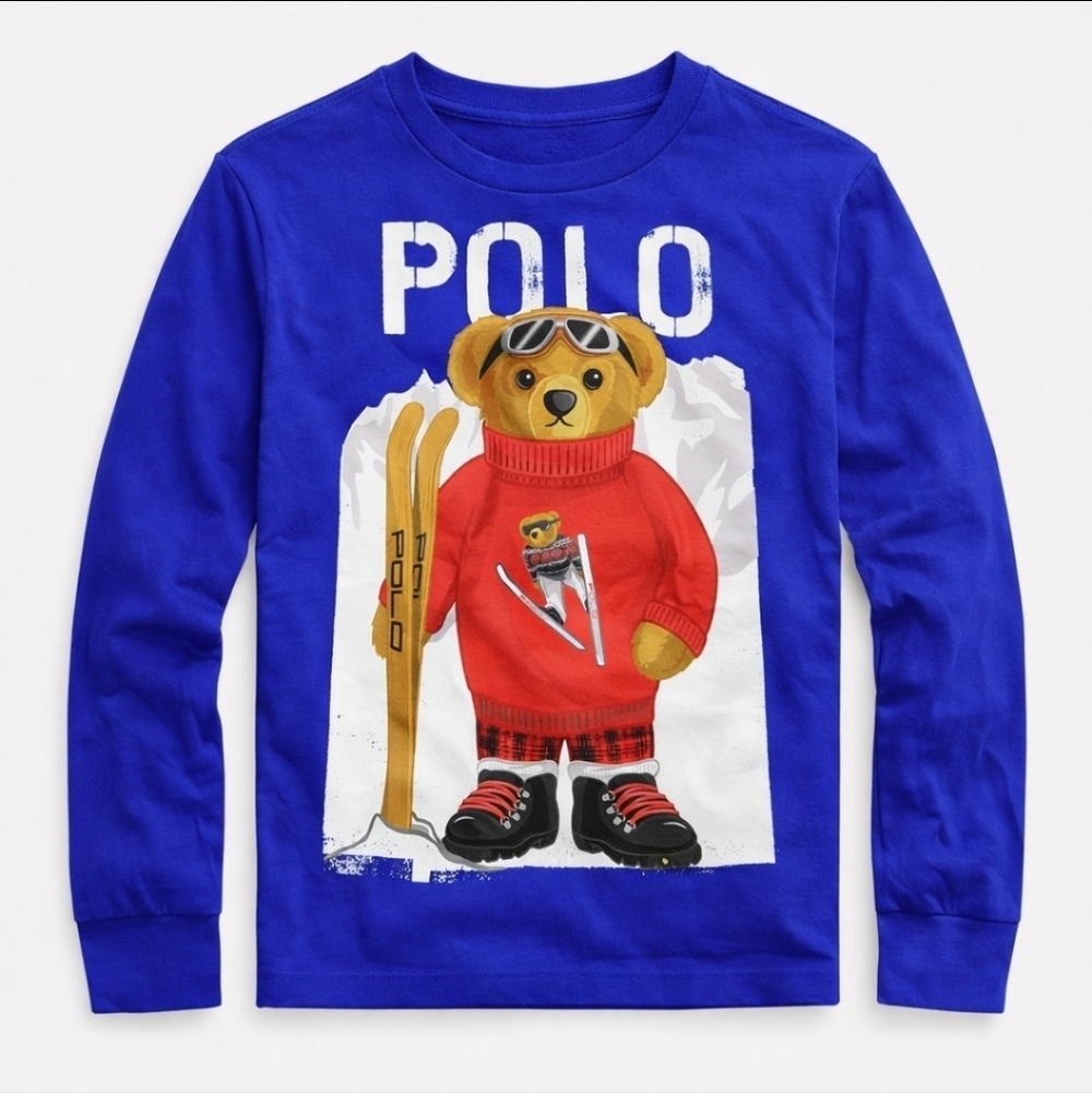 Polo Ralph Lauren Boys XL (18–20) Skiing Polo Bear Long Sleeve Tee Blue NWOT New